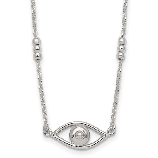 Sterling Silver Polished and Beaded Evil Eye 16.5 inch with 1 inch Extension Necklace