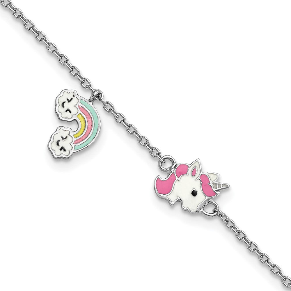 Sterling Silver Rhodium-plated Polished & Multi-color Enameled  Unicorn & Rainbow with 1 Inch Extension Children's Bracelet 6.75 inches