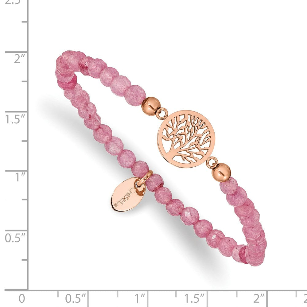 Stainless Steel Polished Rose IP Tree of Life Red Jade Stretch Bracelet 6.25 inches