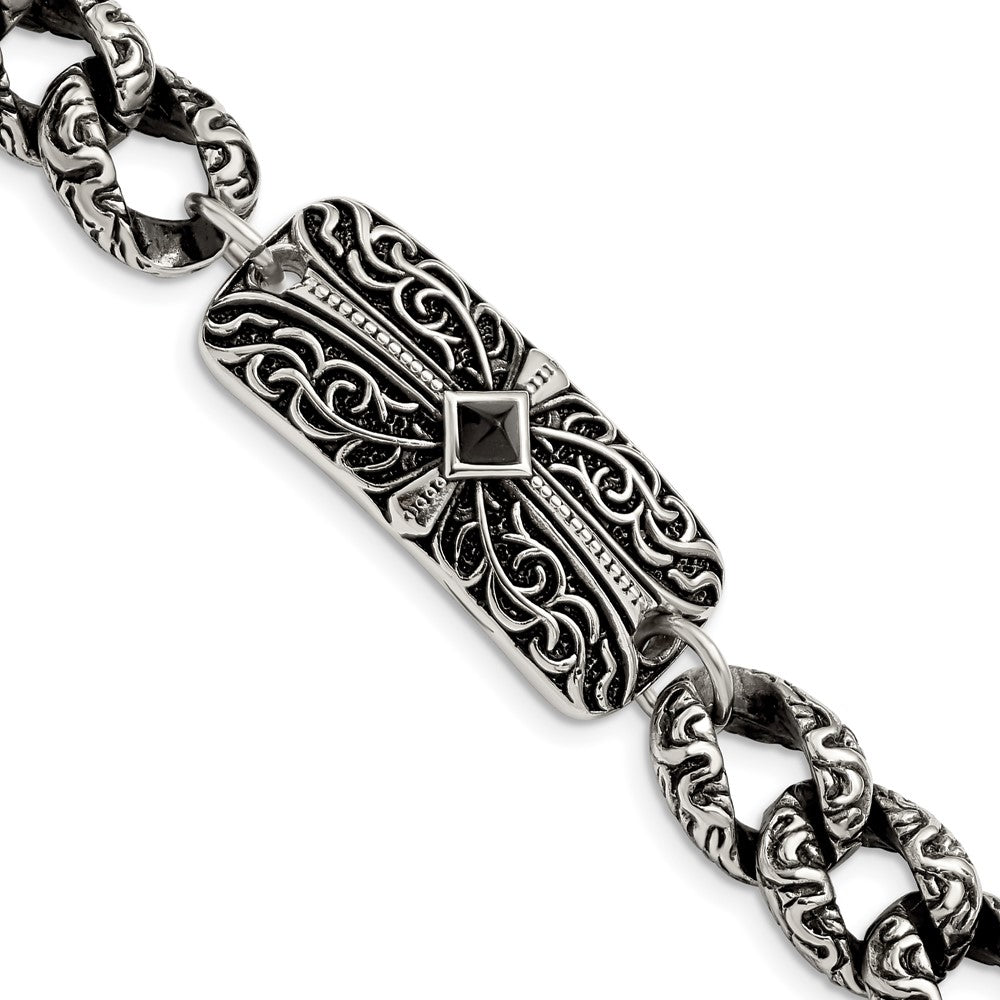 Stainless Steel Antiqued and Polished with Black Agate 9in Cross Bracelet 9 inches