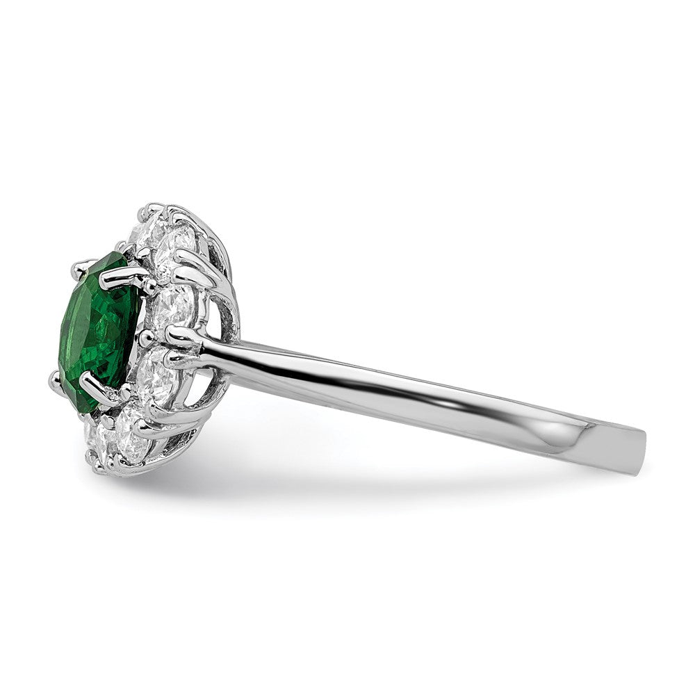 Sterling Silver Rhodium-plated Green Glass and CZ Halo Ring