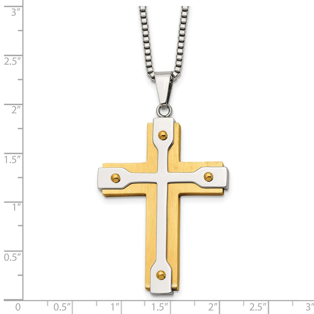 Stainless Steel Brushed and Polished Yellow IP-plated Cross Necklace