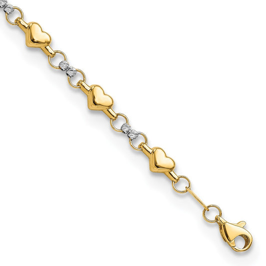 14K Two-tone Polished D/C Heart 7.5in Bracelet 7.5  inches
