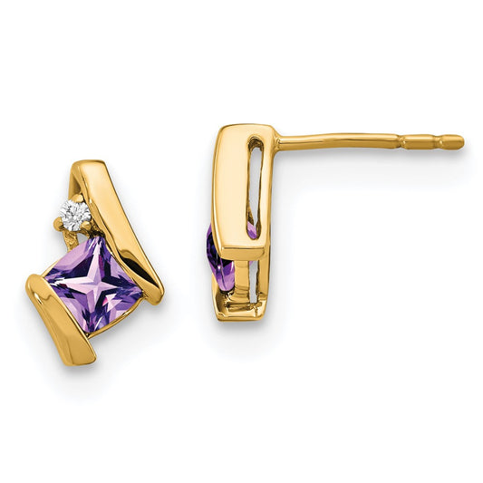 10k Yellow Gold Cushion Amethyst and Diamond Earrings