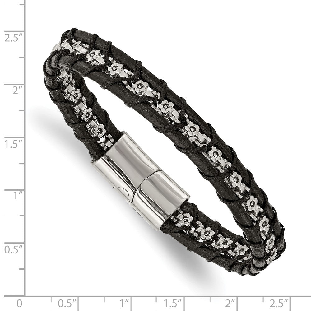 Stainless Steel Polished Flower Link Black Leather 8.25in Bracelet 8.25 inches