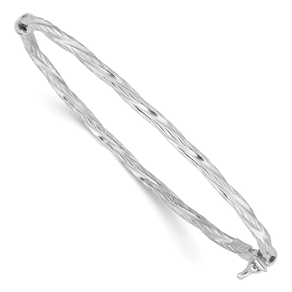 Sterling Silver Rhod-platd Textured 3mm Twisted Hinged Bangle 7 inches