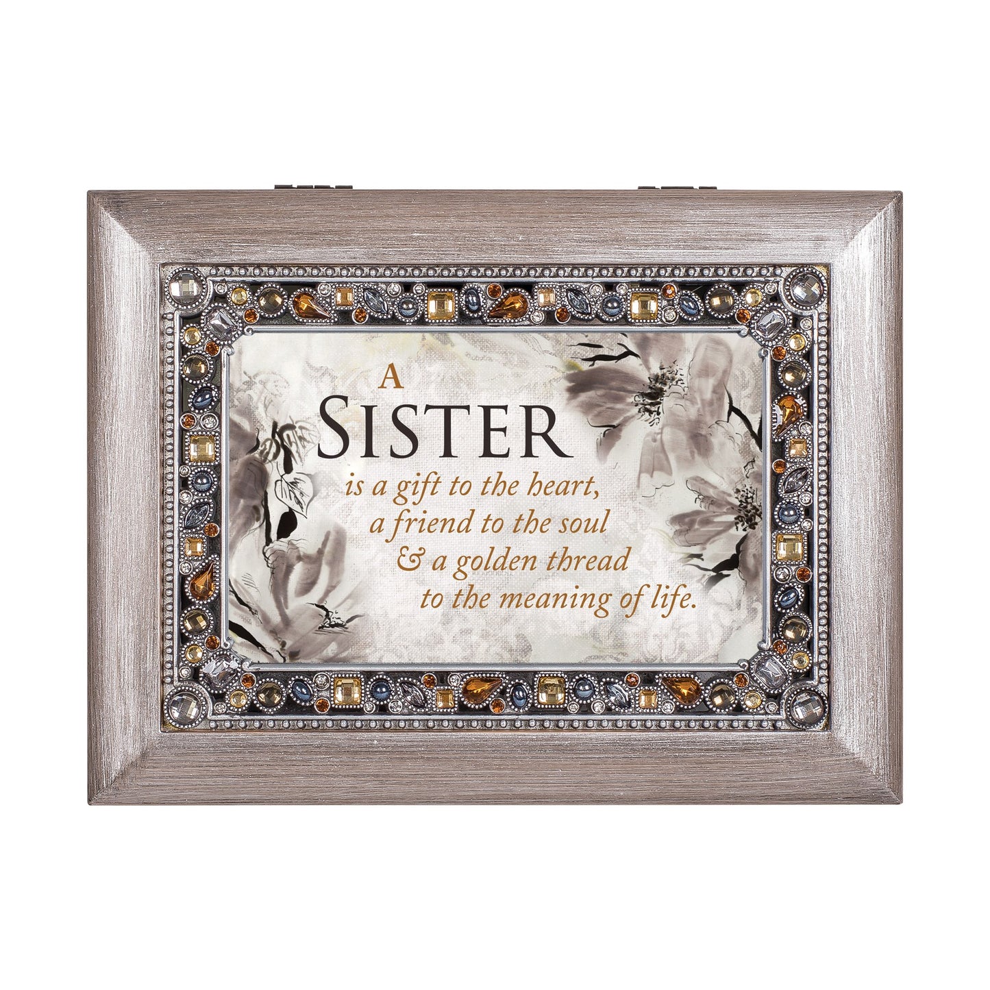 Jeweled Woodgrain Resin SISTER Sentiment Music Box (Plays You Light Up My Life) Q-GM18585