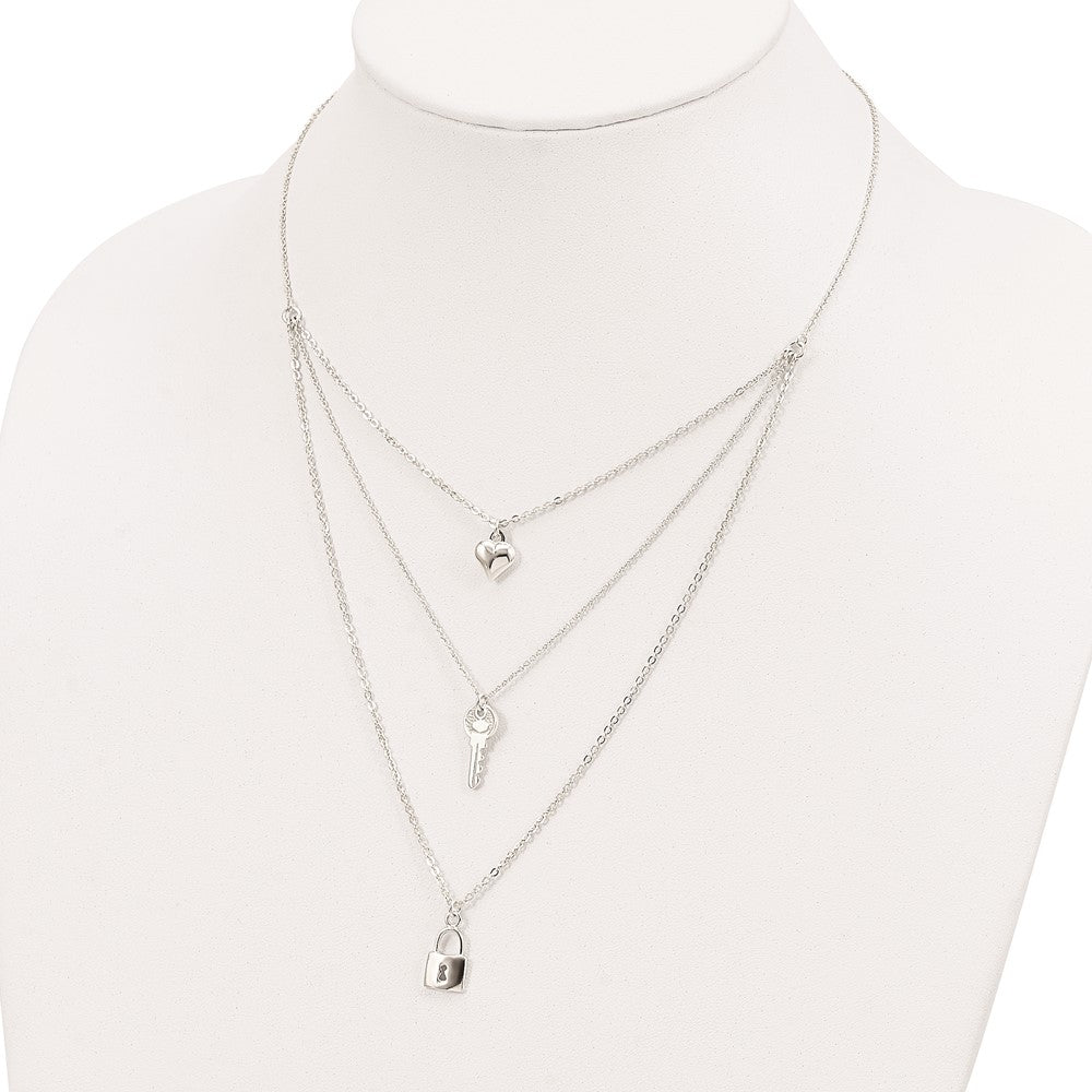 Sterling Silver Lock, Heart and Key Multi-Strand 16in Necklace 16 Inches