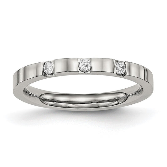 Stainless Steel Polished 3 Stone CZ 2.5mm Flat Band Size - 10