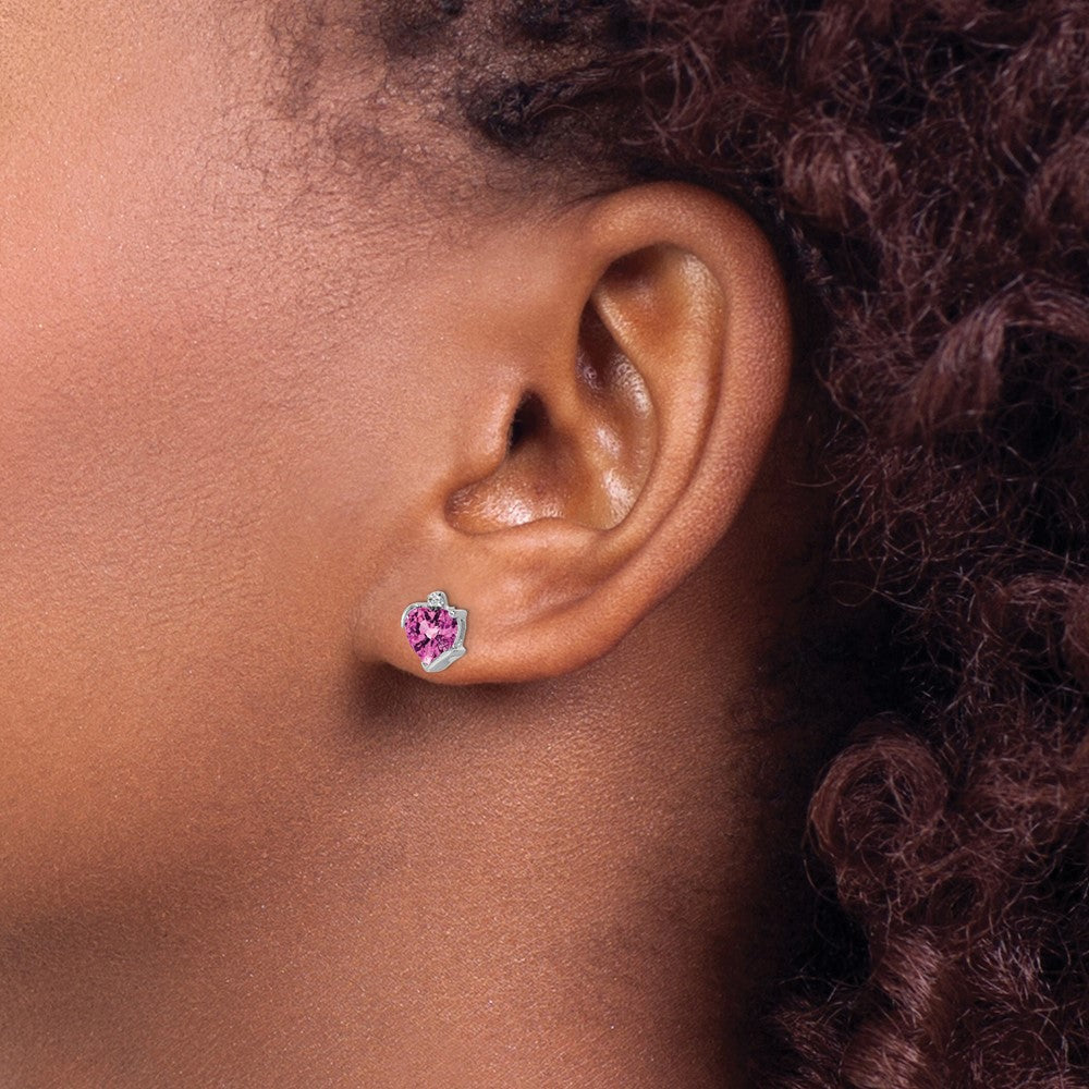 14k White Gold Created Pink Sapphire and Diamond Heart Earrings