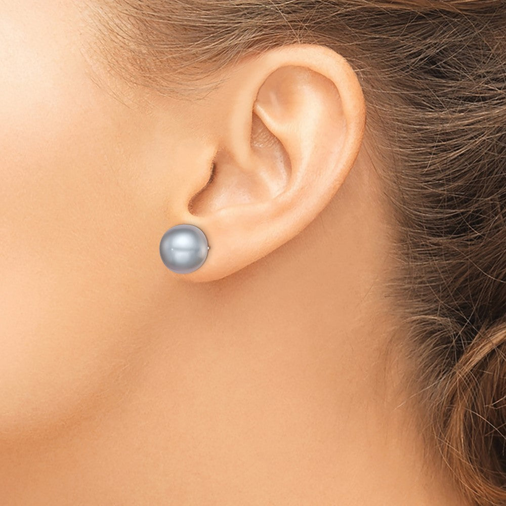 Sterling Silver Rhodium-plated 12-13mm Grey Button Freshwater Cultured Pearl Post Earrings