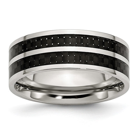 Stainless Steel Polished Double Row Black Carbon Fiber Inlay 8mm Band Size - 8