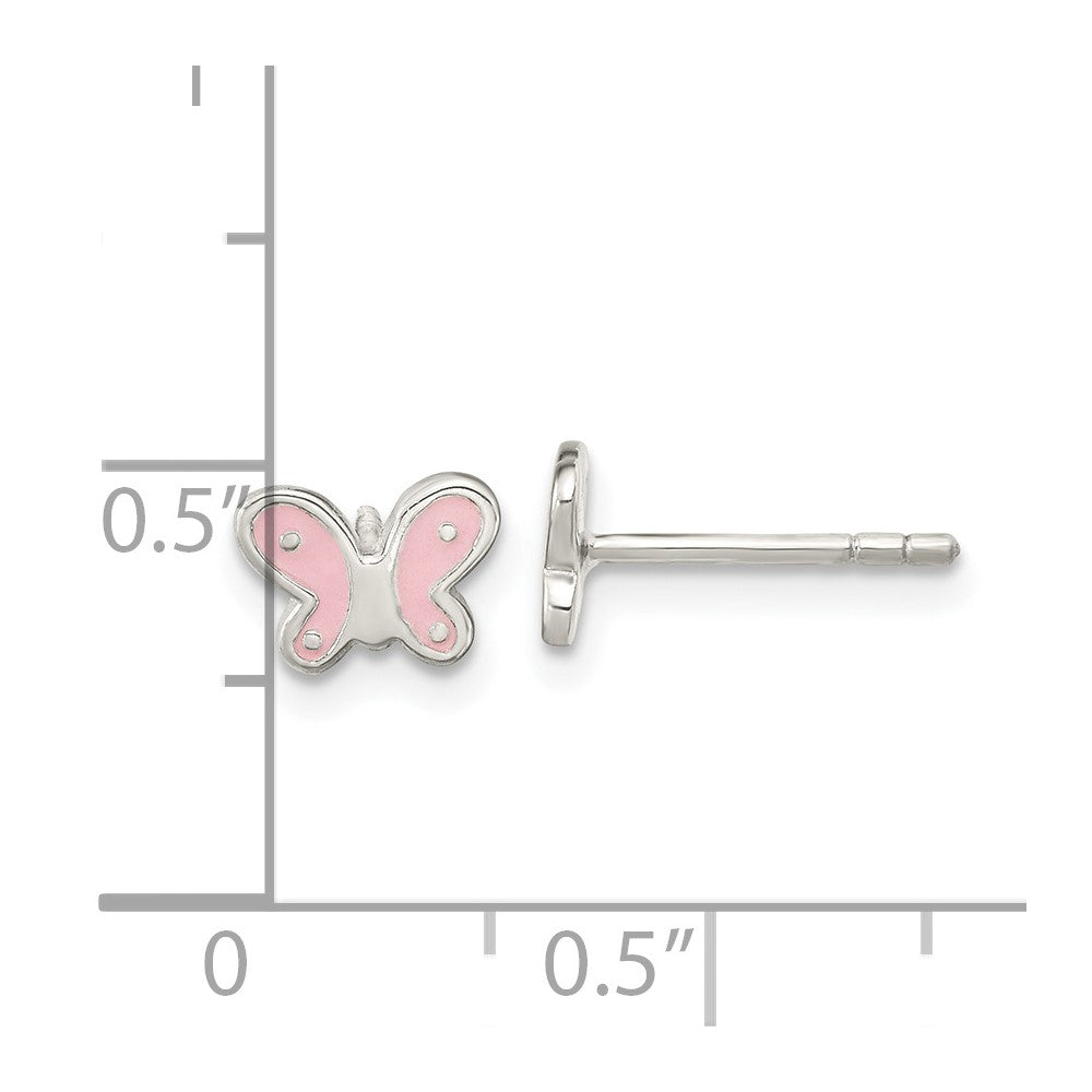 Sterling Silver RH-pltd Polish Pink Enamel Butterfly Childs Post Earrings