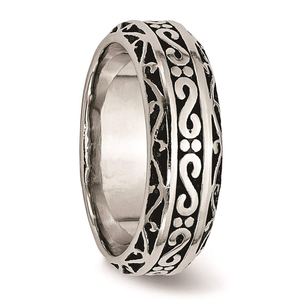 Stainless Steel Antiqued and Polished Swirl Design 7mm Band Size - 8.5