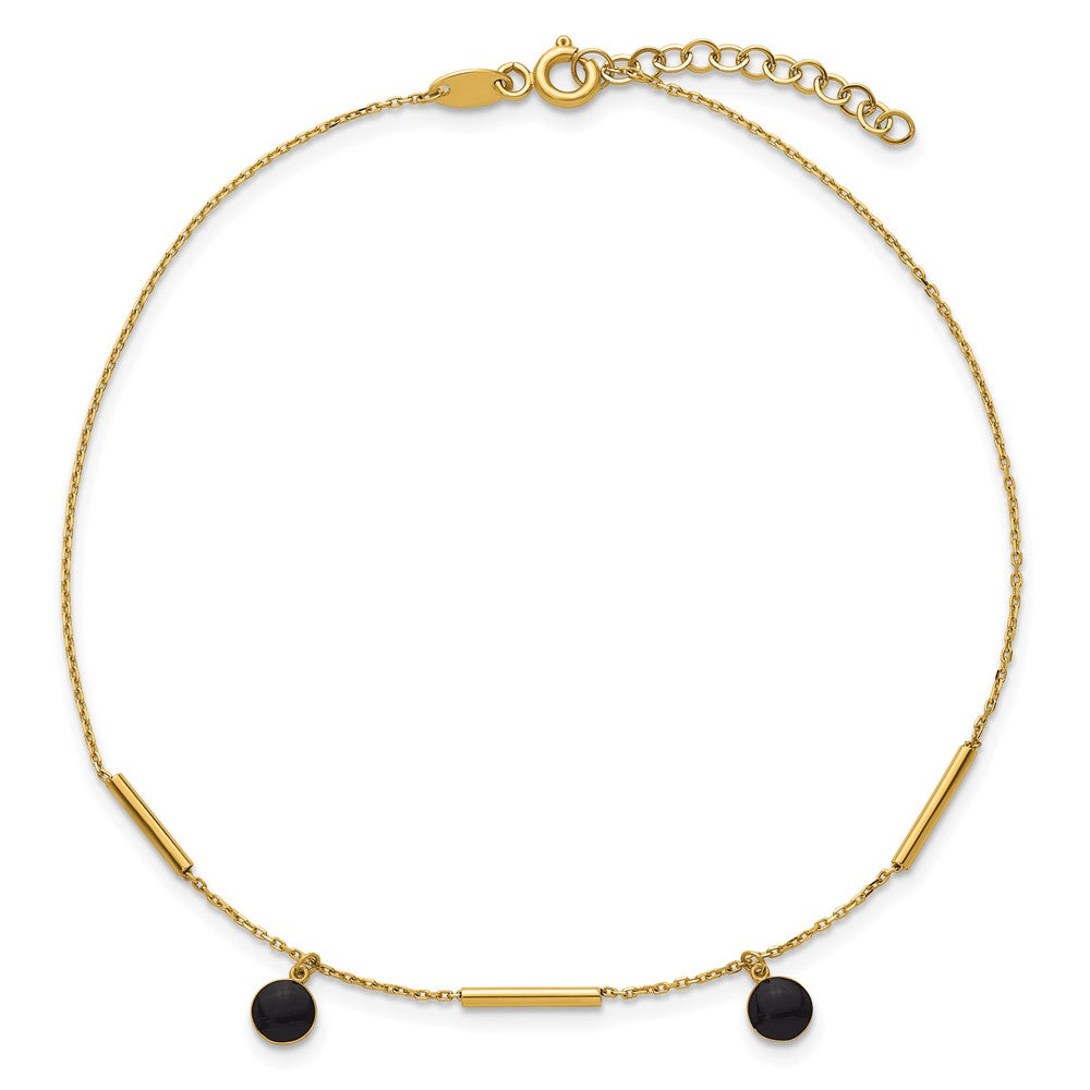 14K Polished Round Onyx Dangles and Bars 9 inch with 1 inch Extender Anklet