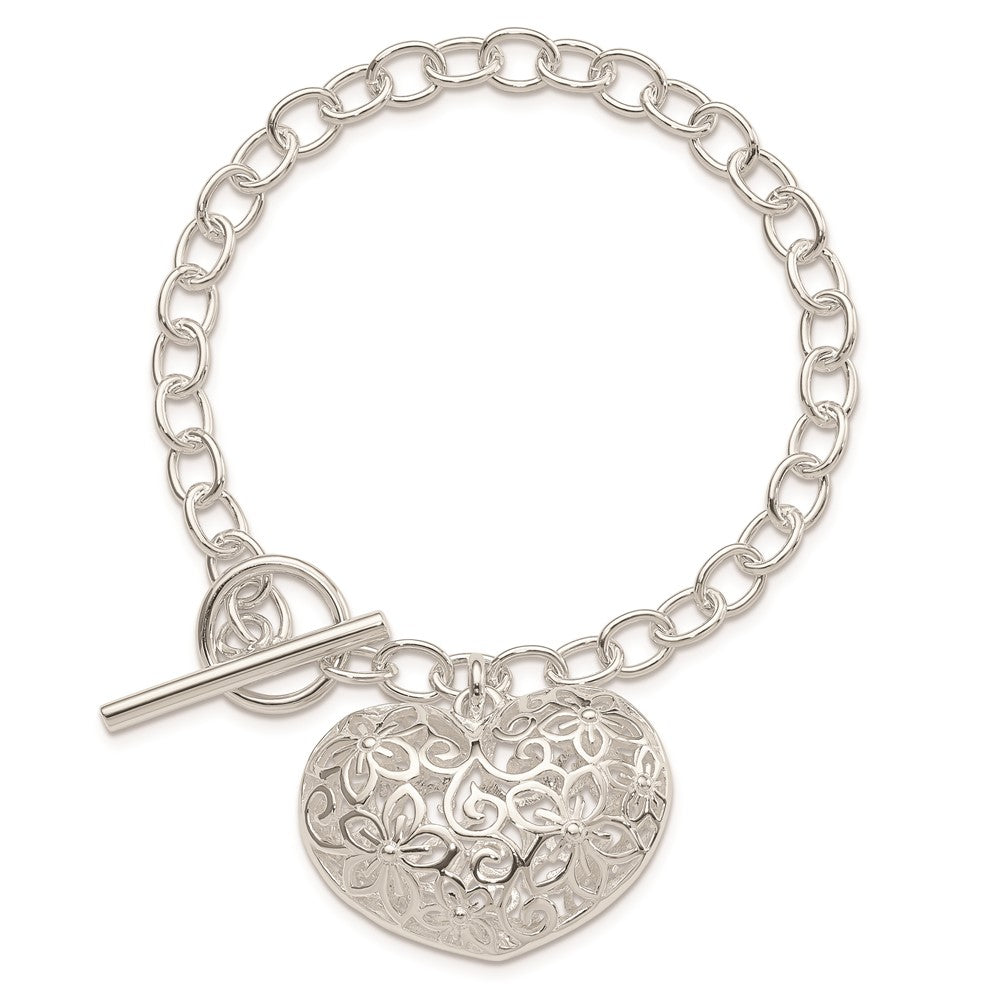 Sterling Silver Puffed Filigree Heart Toggle Bracelet 7.75 inches