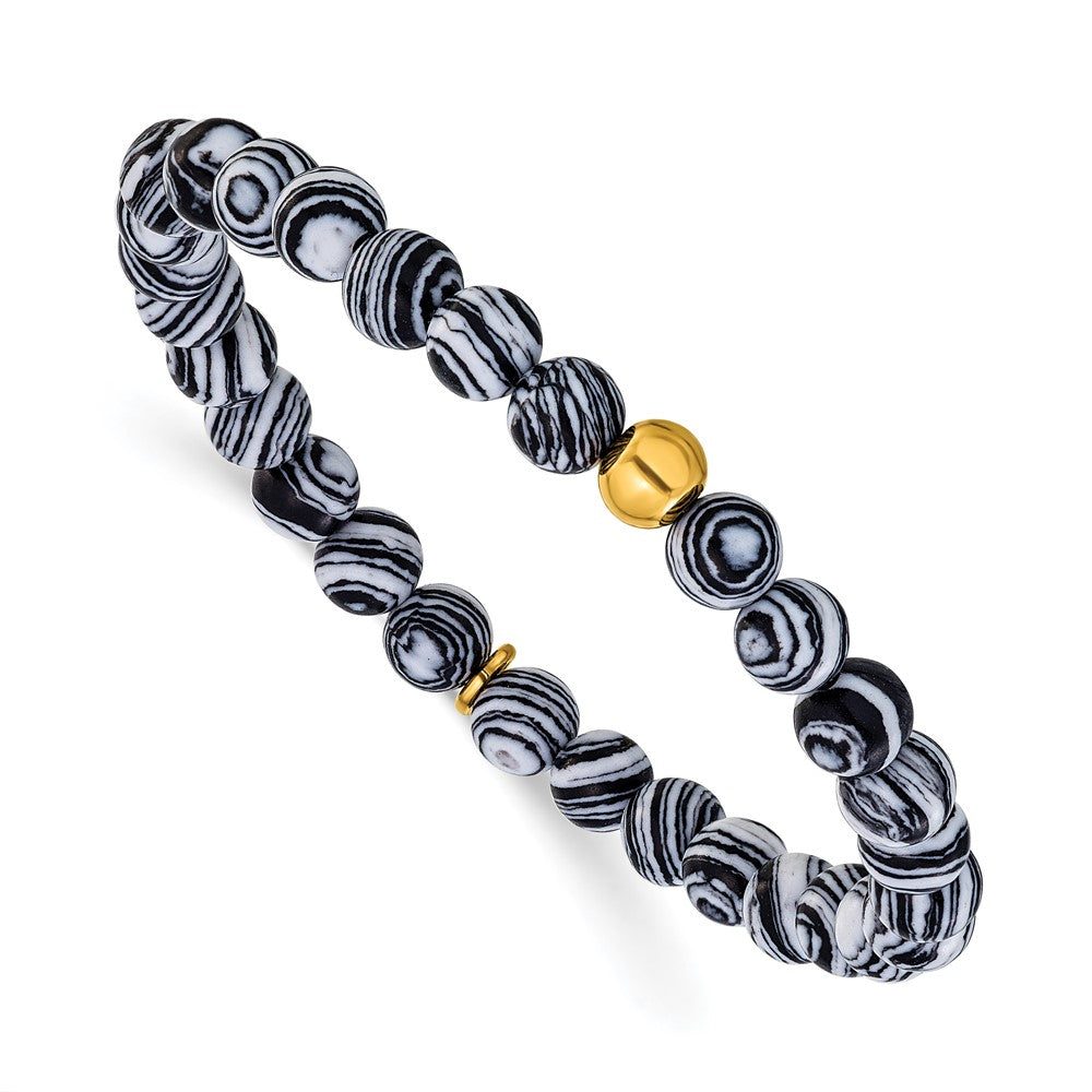 Chisel Stainless Steel Polished Yellow IP-plated 6mm Black Line Agate Beaded 6.25 inch Stretch Bracelet 6.25 inches