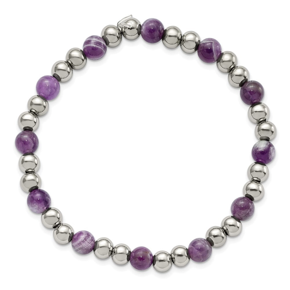Stainless Steel Polished Purple Zebra Amethyst Beaded Stretch Bracelet 7 inches
