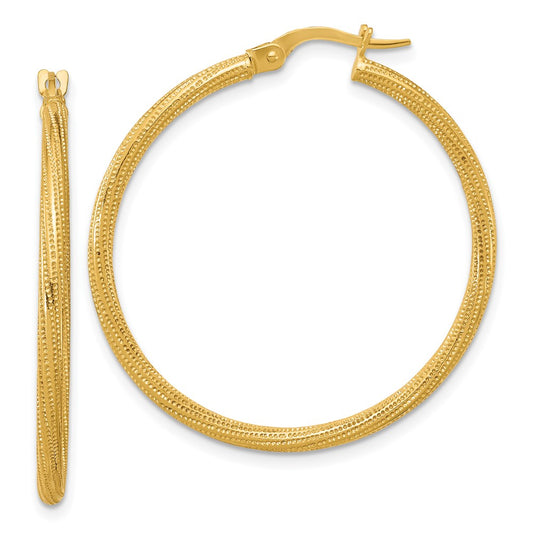 14k Polished and Textured Twisted Tube Hoop Earrings