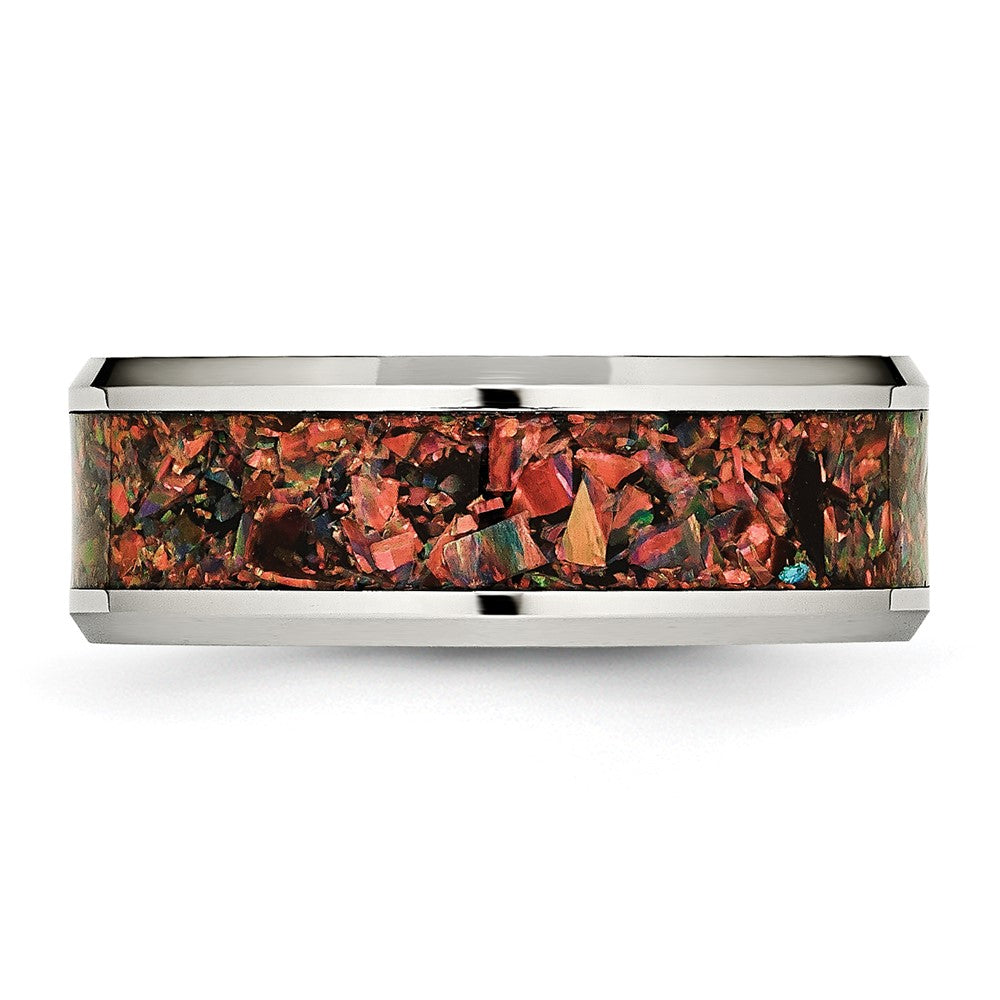 Stainless Steel Polished with Red Imitation Opal Inlay 8mm Band Size - 9