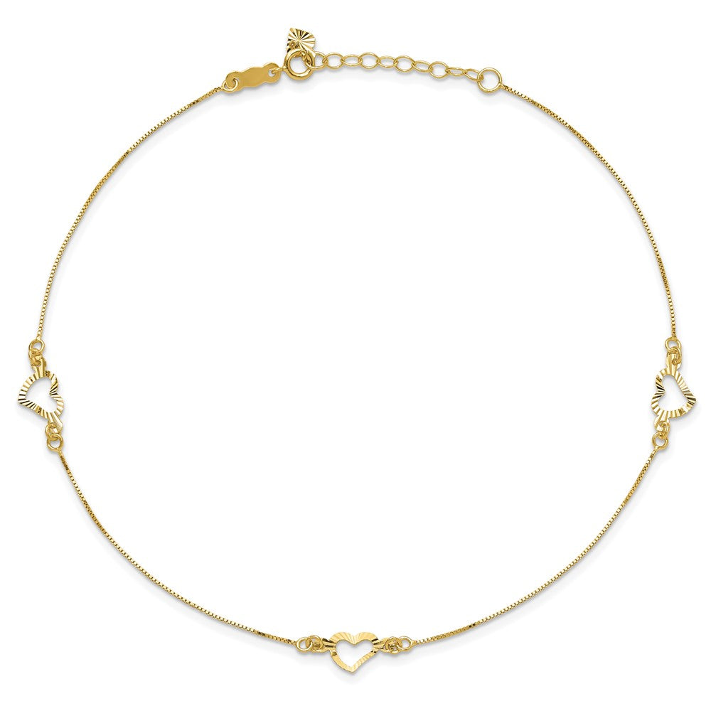 14k Diamond-cut Heart 10in Plus 1in ext. Anklet