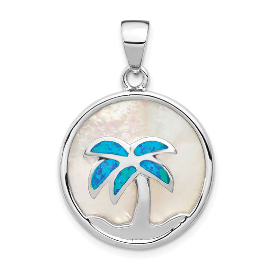 Sterling Silver Rhodium-plated Mother of Pearl and  Blue Created Opal Round Palm Tree Pendant
