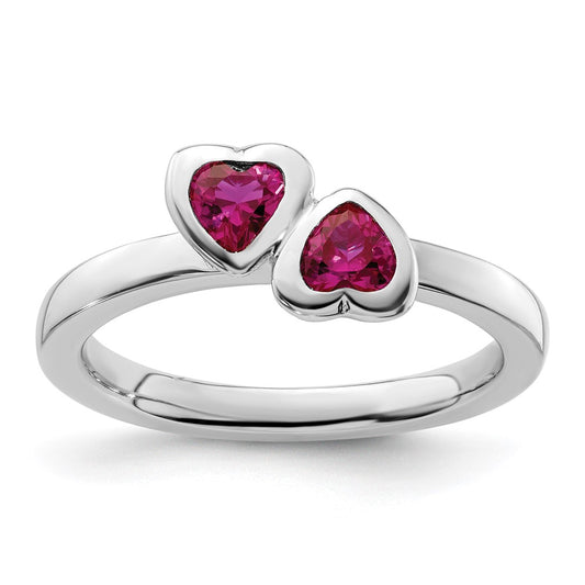 Sterling Silver Stackable Expressions Cr. Ruby Double Heart Ring Size -7