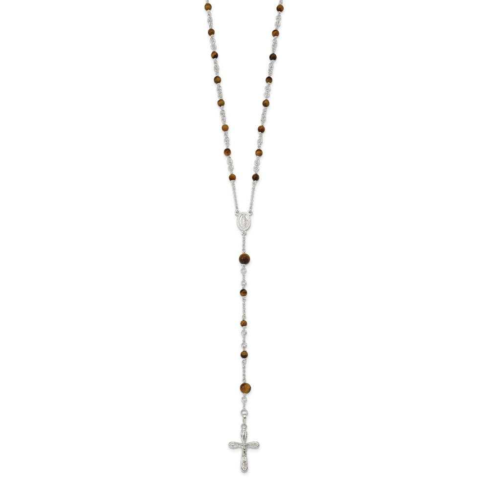 Sterling Silver Polished Tiger Eye Bead Rosary 33 inch Necklace 33 Inches