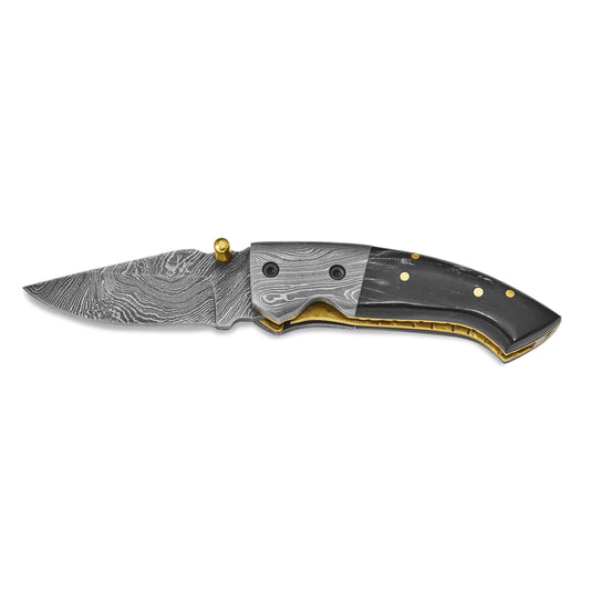 Luxury Giftware Damascus Steel 256 Layer Folding Blade Steel Guard Buffalo Horn Handle Knife with Leather Sheath and Wooden Gift Box QKN1110