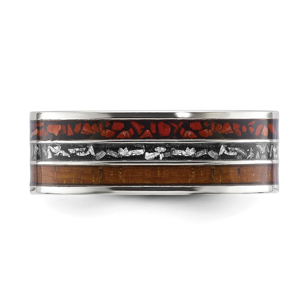 Chisel Stainless Steel Polished with Wood, Imitation Meteorite and Red Stone Inlay 8mm Band Size - 11