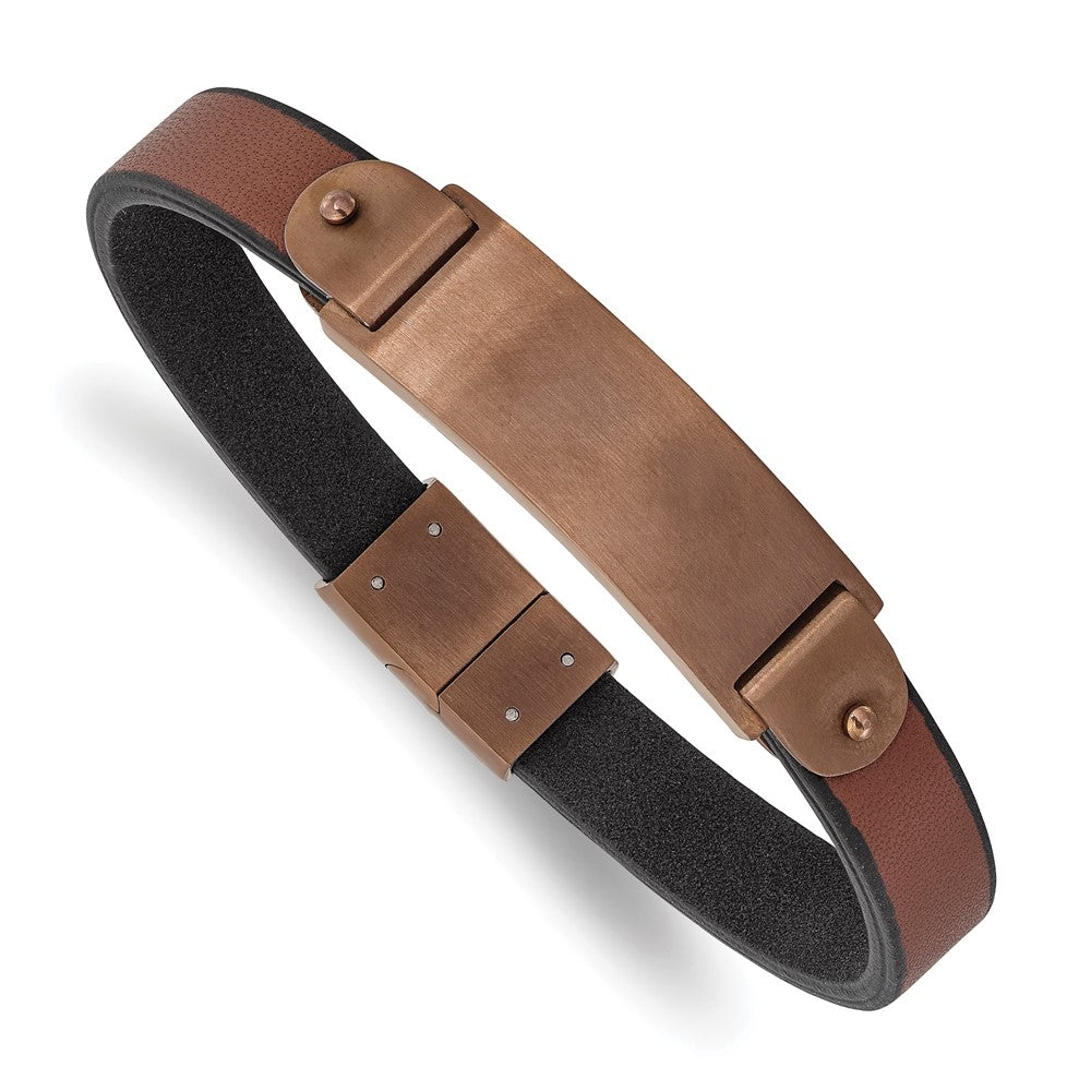 Stainless Steel Brushed Brown IP-plated Brown Leather 8.5in ID Bracelet 8.5 inches
