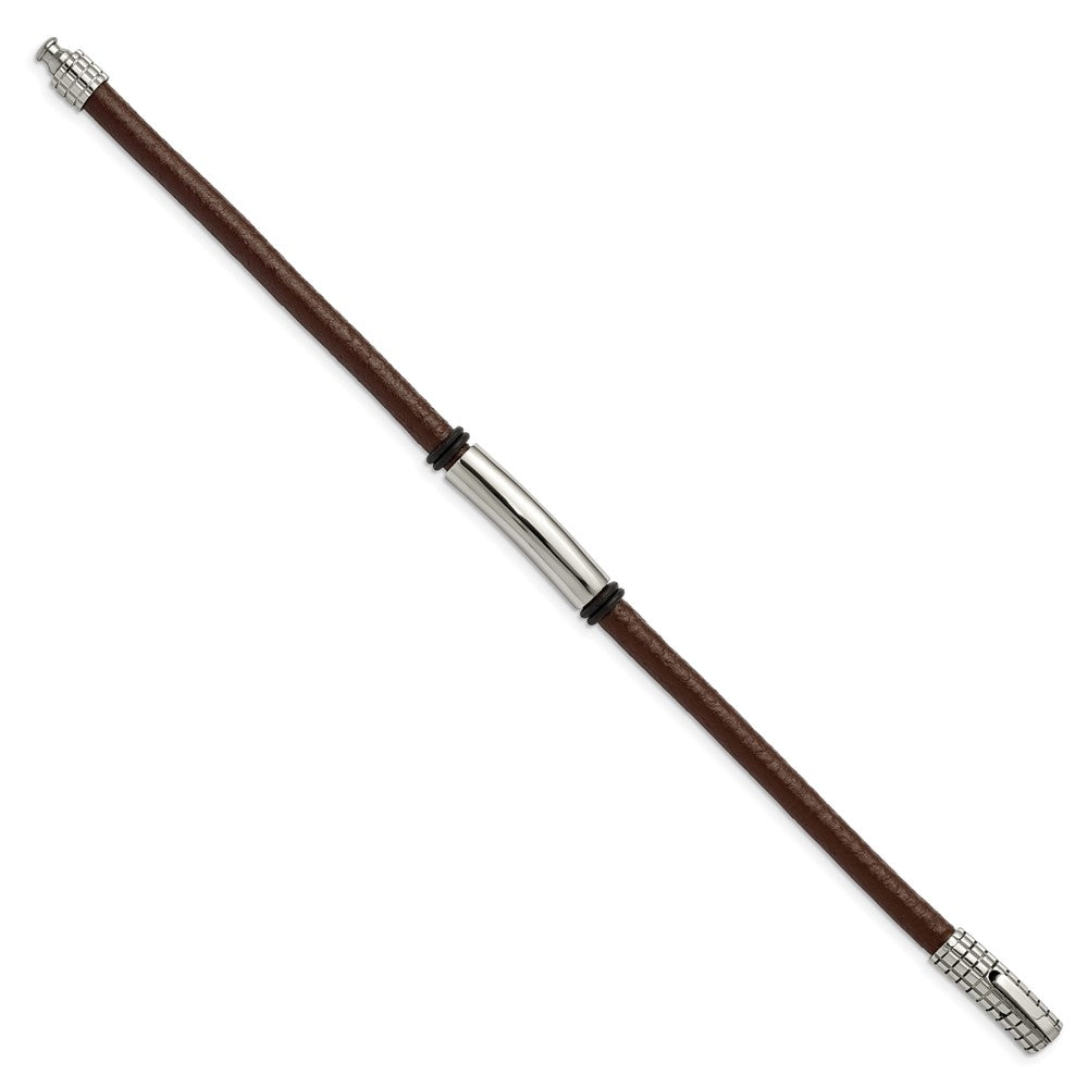 Stainless Steel Polished Black and Brown Rubber 8.5in Bracelet 8.5 inches