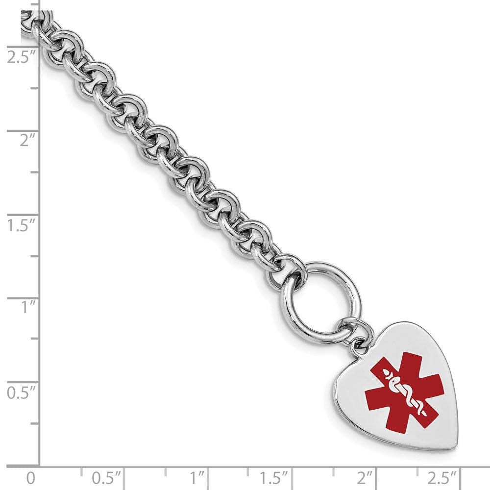 Sterling Silver RH-pltd Engraveable Enamel Heart Medical ID Bracelet 8.75 inches