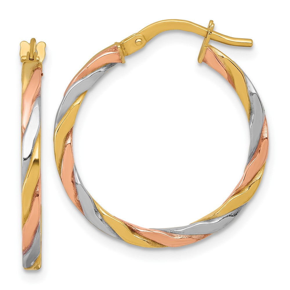 10K with Rose and White Rhodium Polished Twisted 2.00 x 24mm Tube Hoop Earrings