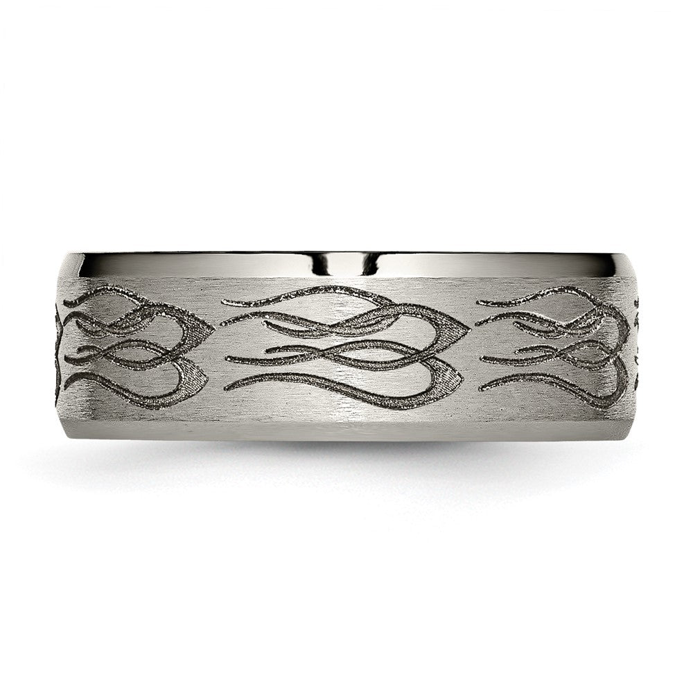 Titanium Brushed & Polished Flames Laser Design 8mm Beveled Edge Band Size - 7