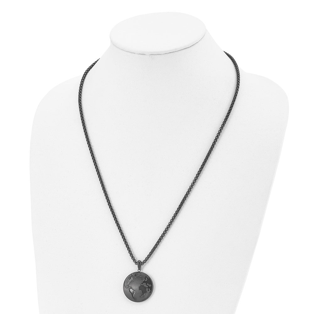Stainless Steel Antiqued Brushed & Polished Black IP Earth 24in Necklace