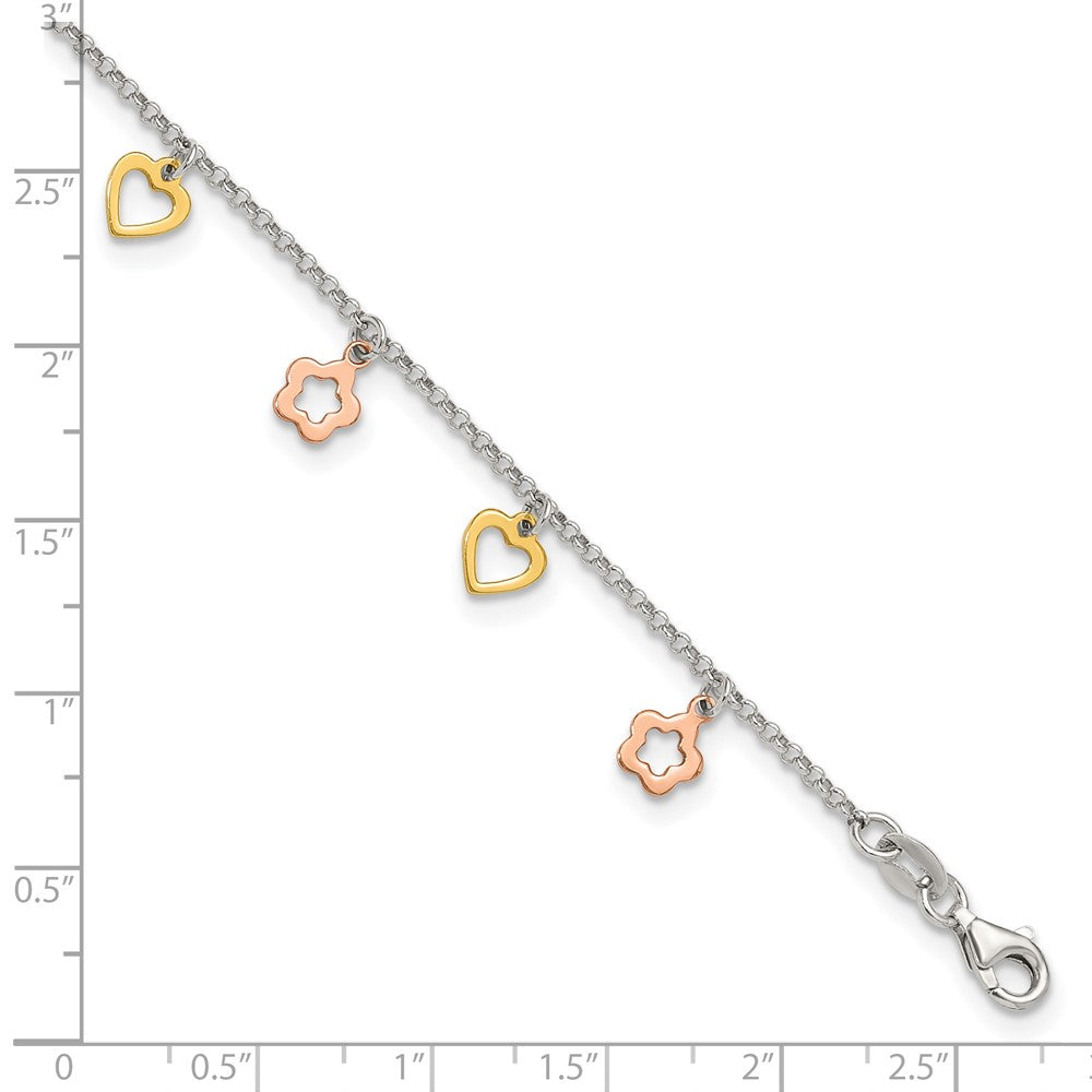 Sterling Silver Gold and Rose-tone Heart Flower 9in Plus 1in ext. Anklet 9 inches