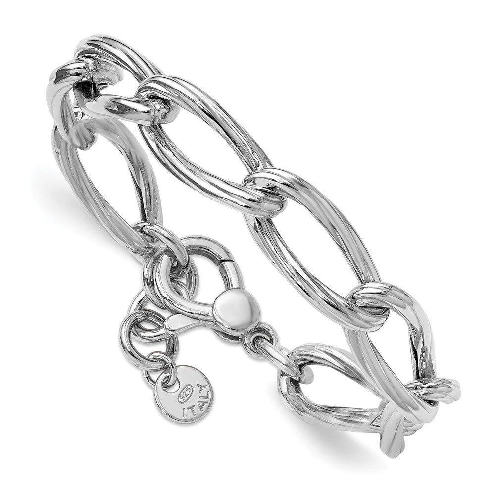 SS RH-plated Polished/Grooved Link w/.75in ext. Bracelet 7.75  inches