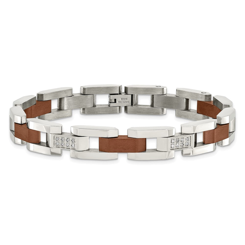 Stainless Steel Brushed & Polished Brown IP 1/4ct. Diamond 8.5in Bracelet 8.5 inches