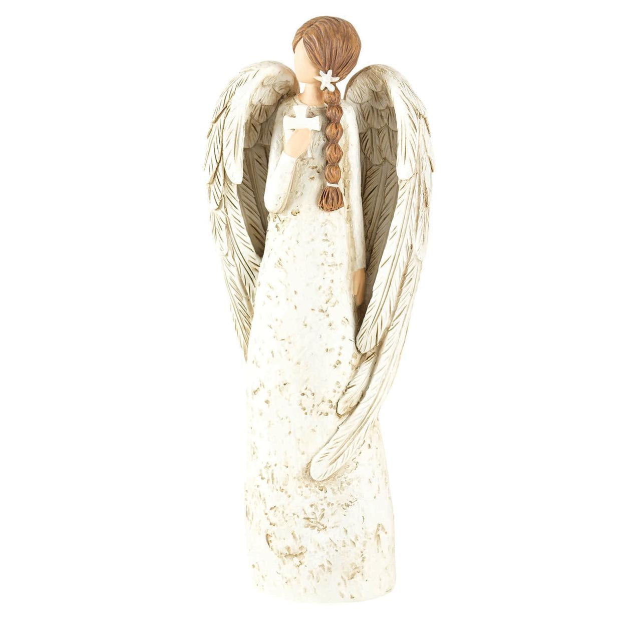 Speckled Cream Angel with Textured Wings and Cross 8 inch Resin Decorative Tabletop Figurine
