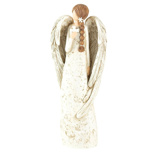 Speckled Cream Angel with Textured Wings and Cross 8 inch Resin Decorative Tabletop Figurine