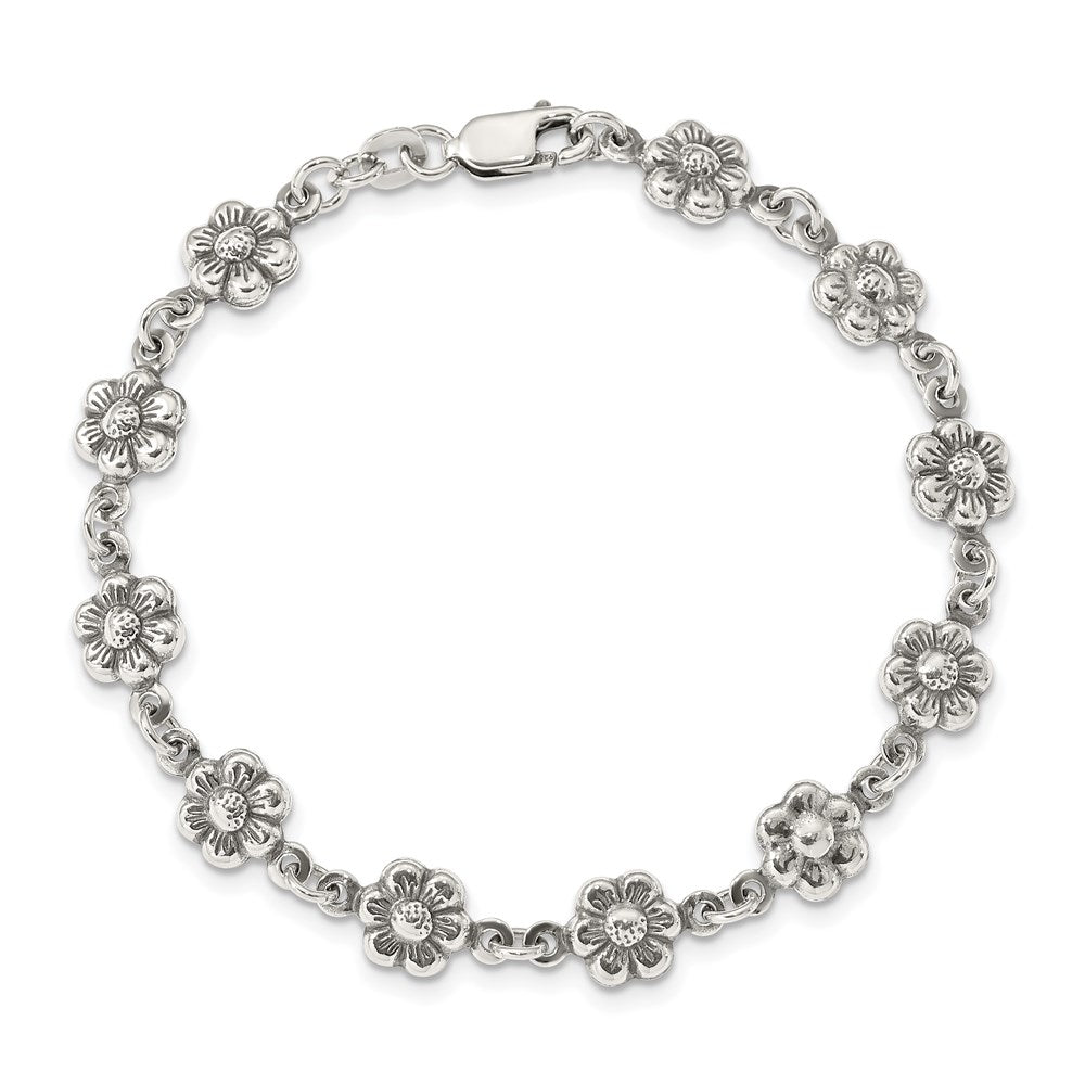Sterling Silver Antiqued Flower Charm Bracelet 7 inches