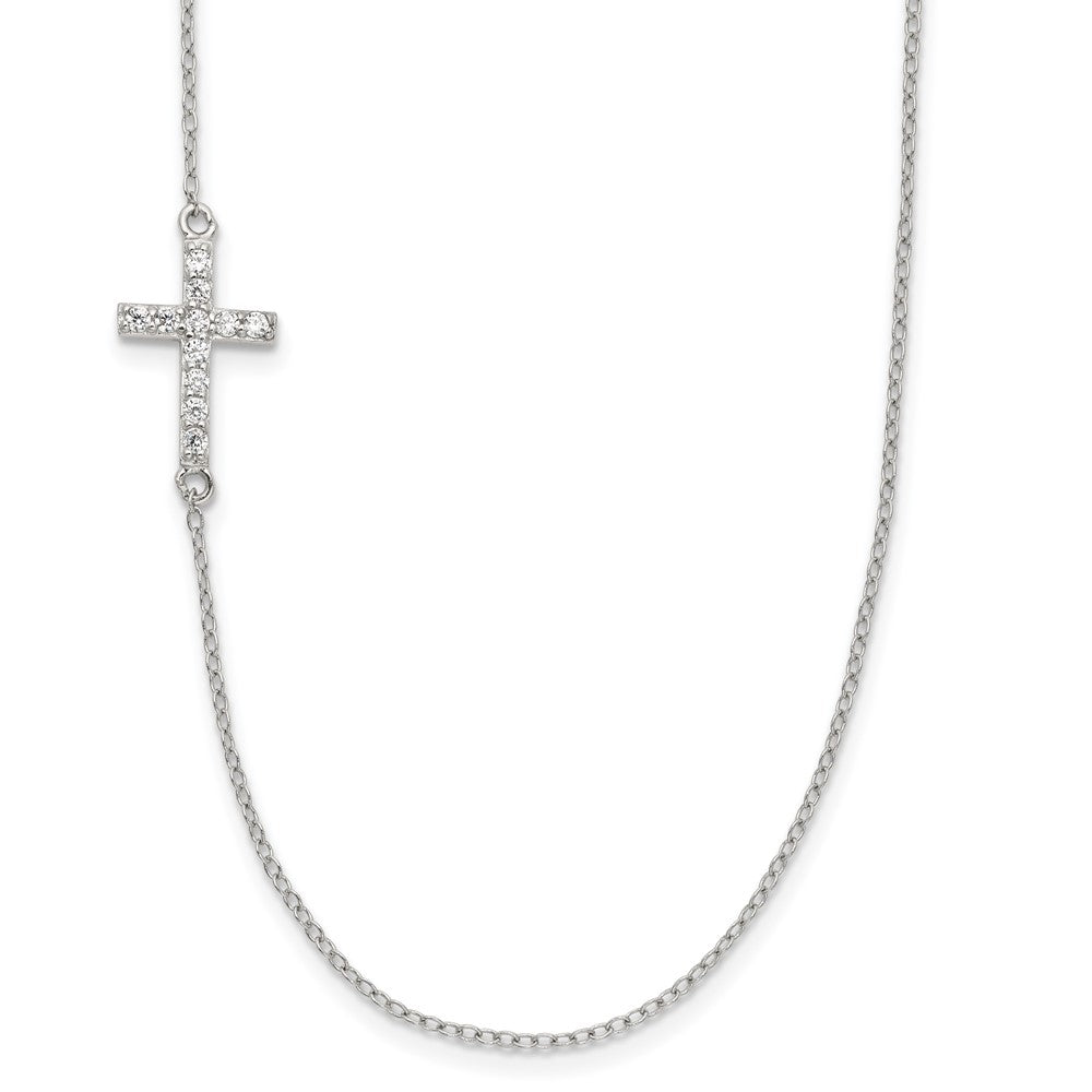 Sterling Silver Rhod-pltd CZ Offset Sideways Cross w/2in Ext Necklace 16 Inches