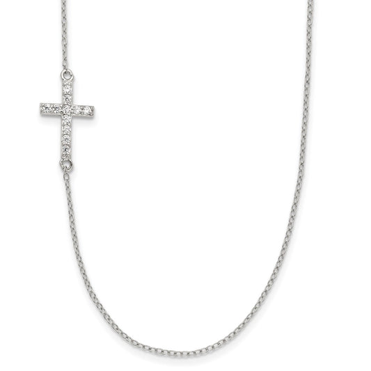 Sterling Silver Rhod-pltd CZ Offset Sideways Cross w/2in Ext Necklace 16 Inches