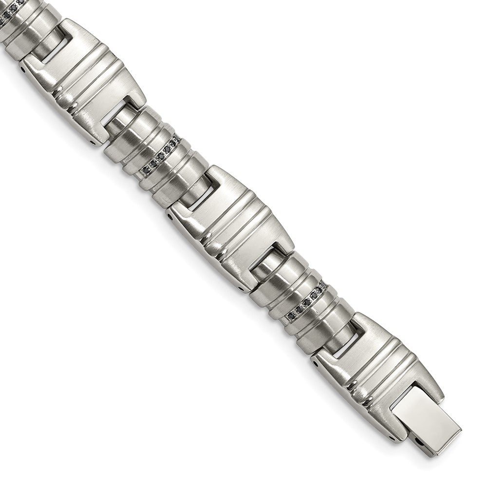 Stainless Steel Brushed and Polished with Black CZ 8.25in Bracelet 8.25 inches