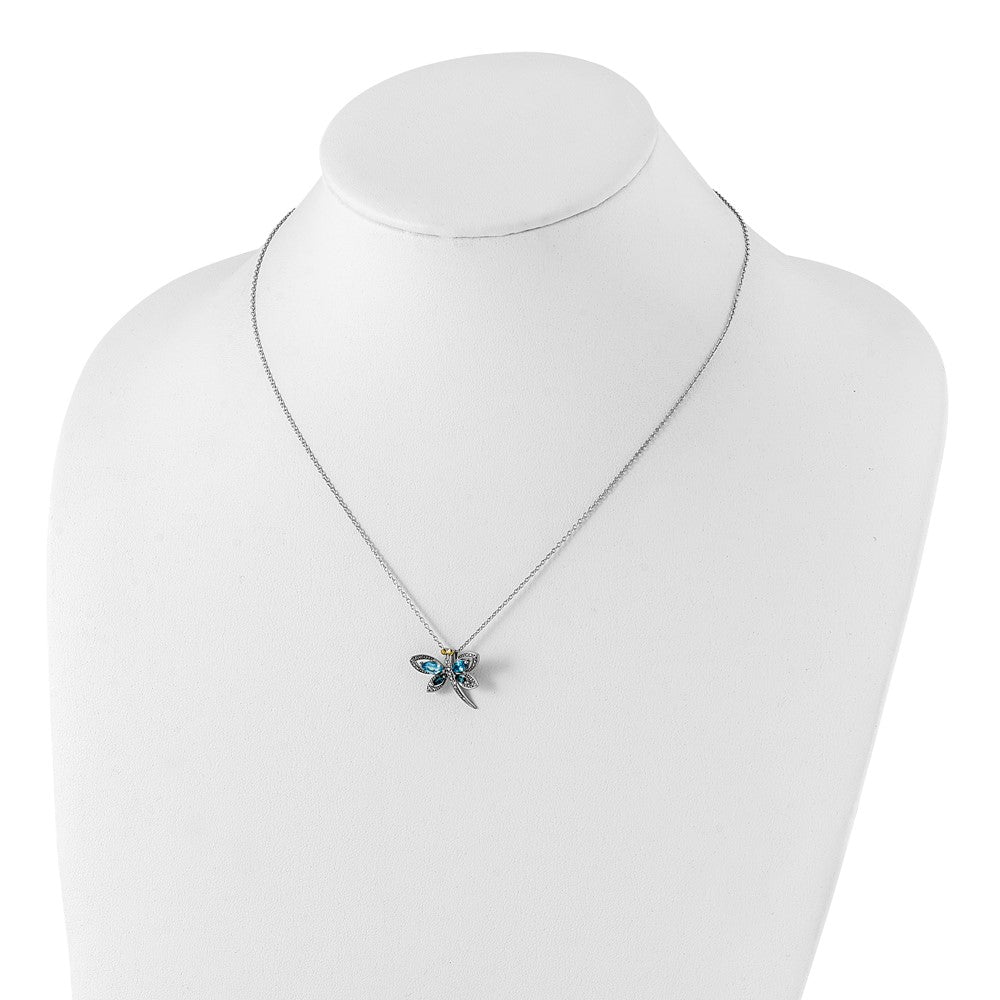 Brilliant Gemstones Sterling Silver with 14K Accent Rhodium-plated Light Blue Topaz and London Blue Topaz and Diamond Dragonfly 18 Inch Necklace with 2 Inch Extender 17 Inches