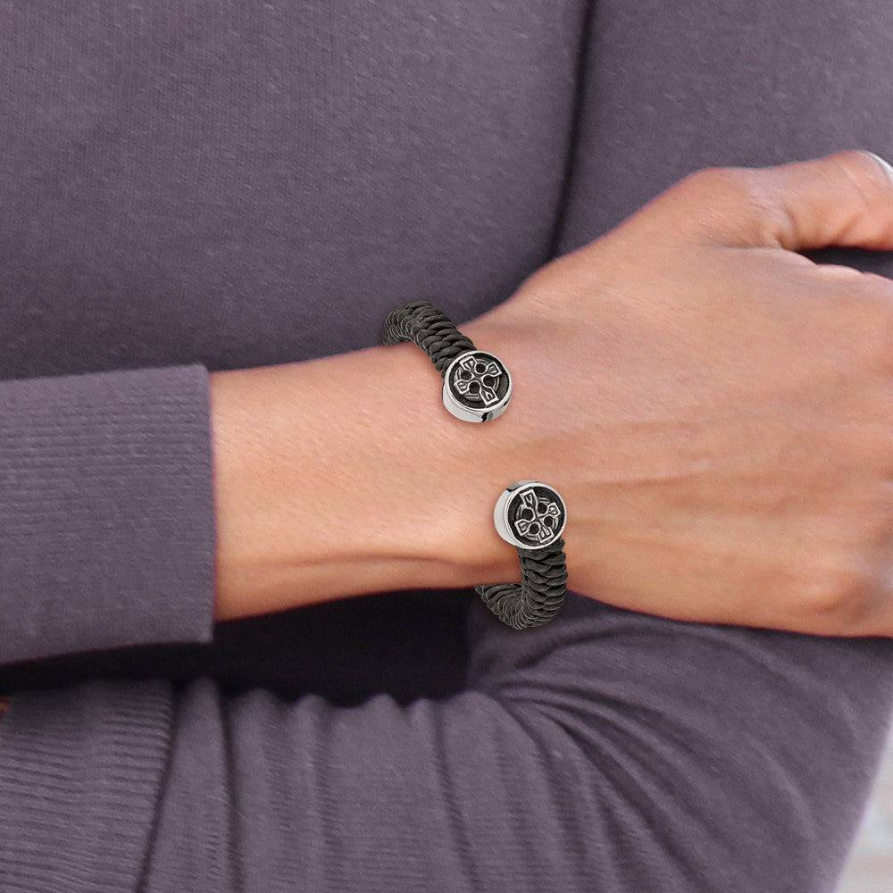 Stainless Steel Antiqued & Polished Black Leather Celtic Cross Cuff Bangle 6.5 inches