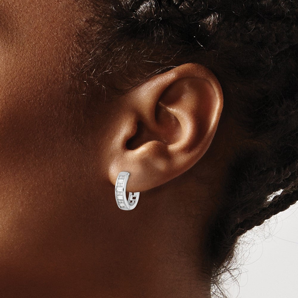 Sterling Silver Polished Rhodium-plated CZ Hinged Hoop Earrings