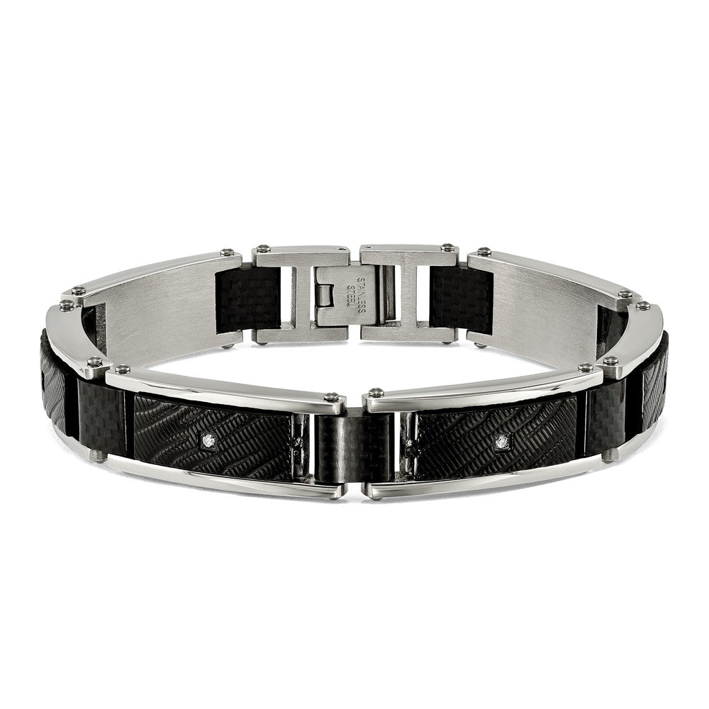 Stainless Steel Polished Blk IP w/CZ and Black Carbon Fiber 8.75in Bracelet 8.75 inches