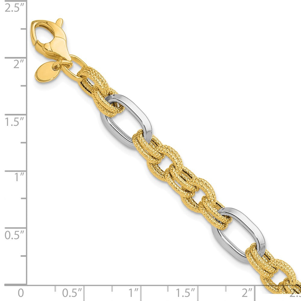 14K Two-tone Polished and Textured Fancy Link Bracelet 7.75  inches